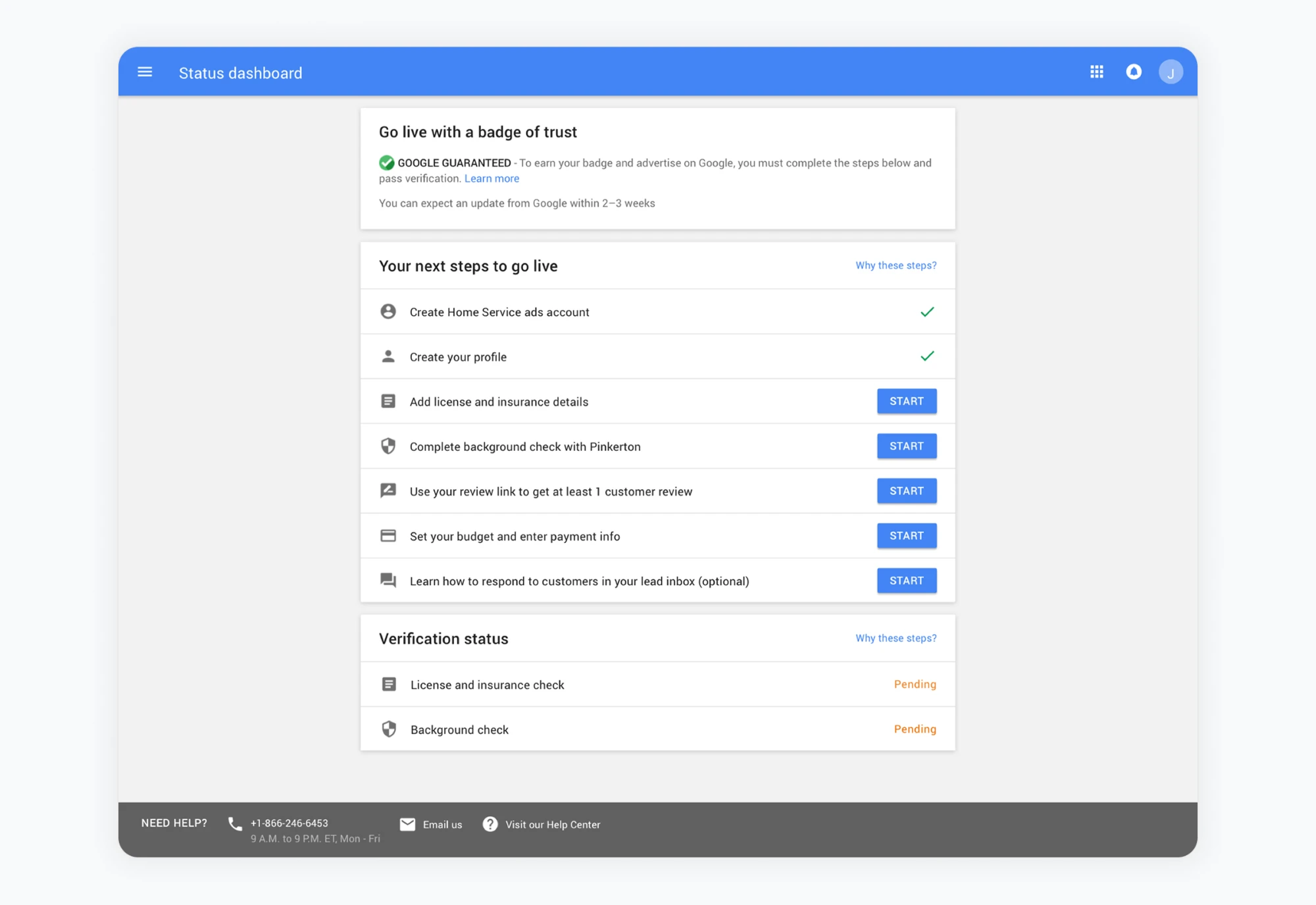Status dashboard for a provider getting ready to go live: the remaining steps, including license and insurance details and a background check, with each verification shown as pending until it clears.