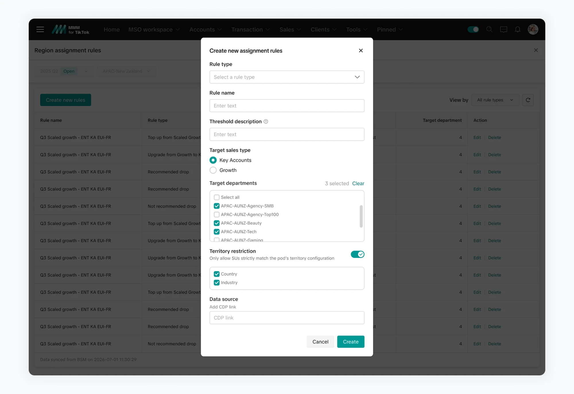 Create new assignment rules modal: rule type and name, threshold description, target sales type, multi-select target departments, an optional territory restriction, and a data source link