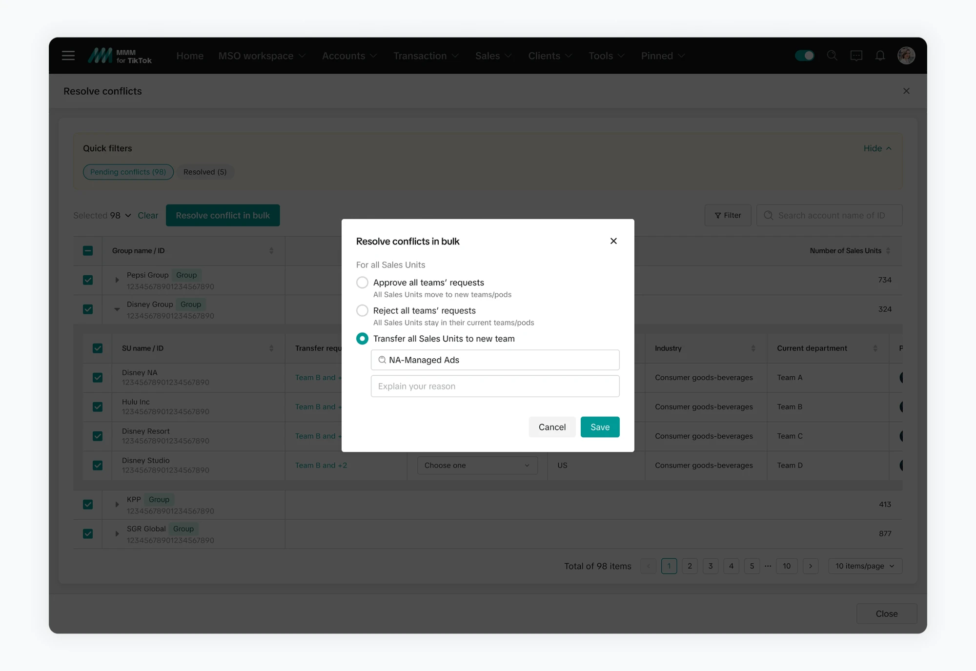 Resolve conflicts view: competing transfer requests kept side by side and grouped under their parent company, with a bulk modal to approve all, reject all, or move the accounts to a new team